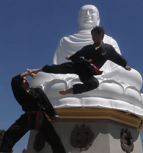 Il Maestro Bao Lan in un calcio volante presso un tempio in Vietnam
