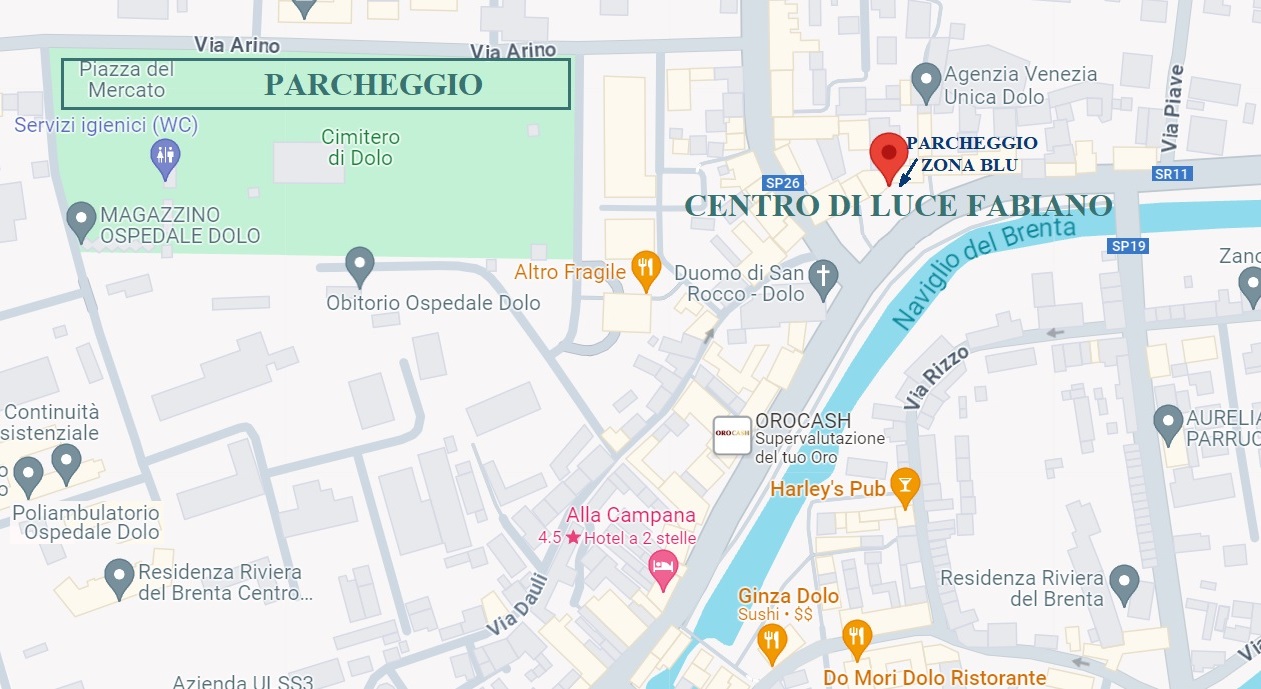 Mappa ingrandita dei parcheggi di Dolo, in provincia di Venezia